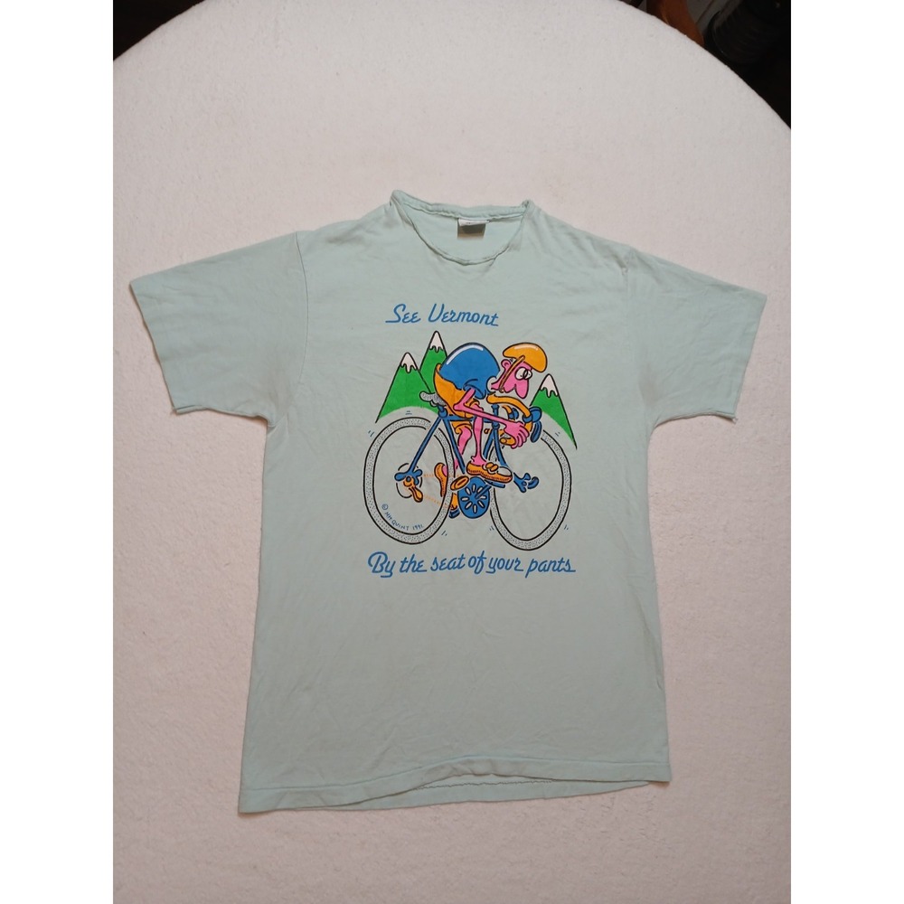 VTG 1991 See Vermont Cycling T Shirt L Single Stitch Anvil Red Bar Cartoon USA